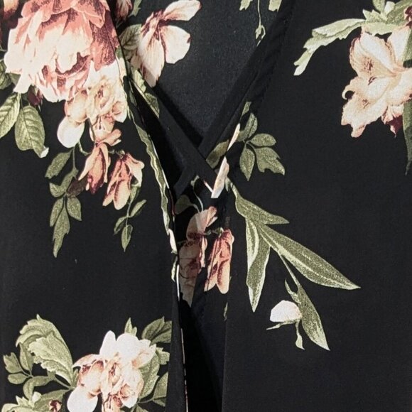RUE 21 Black/Pink Floral Chiffon Long Sleeve Faux Wrap Top; Size M - Picture 2 of 6